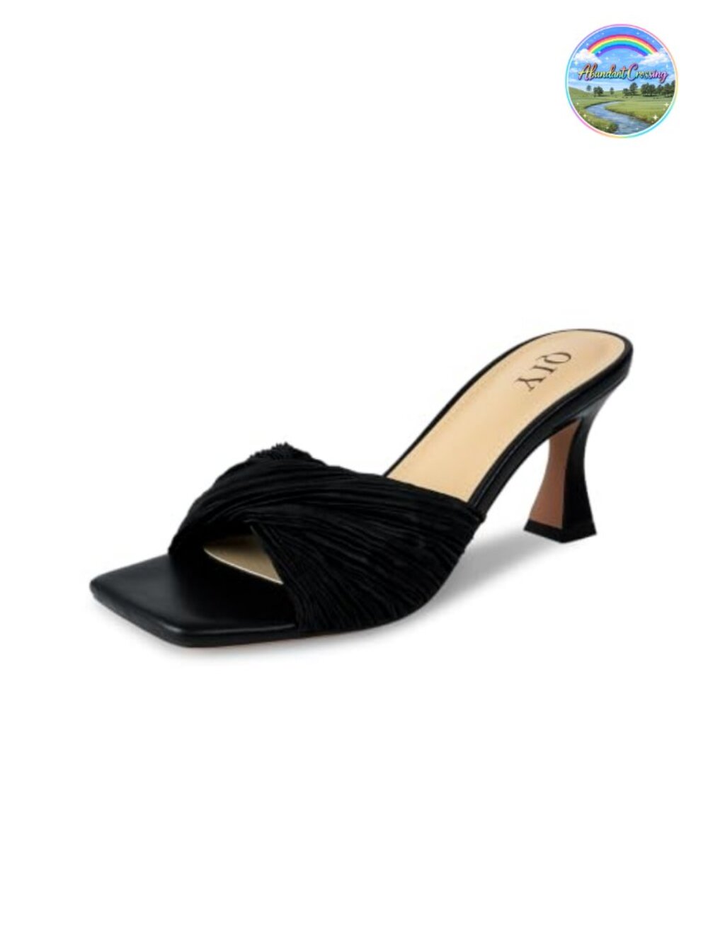 QIY Open Square Toe Satin Slingback Mule Heels Women Mid Kitten Heel Formal